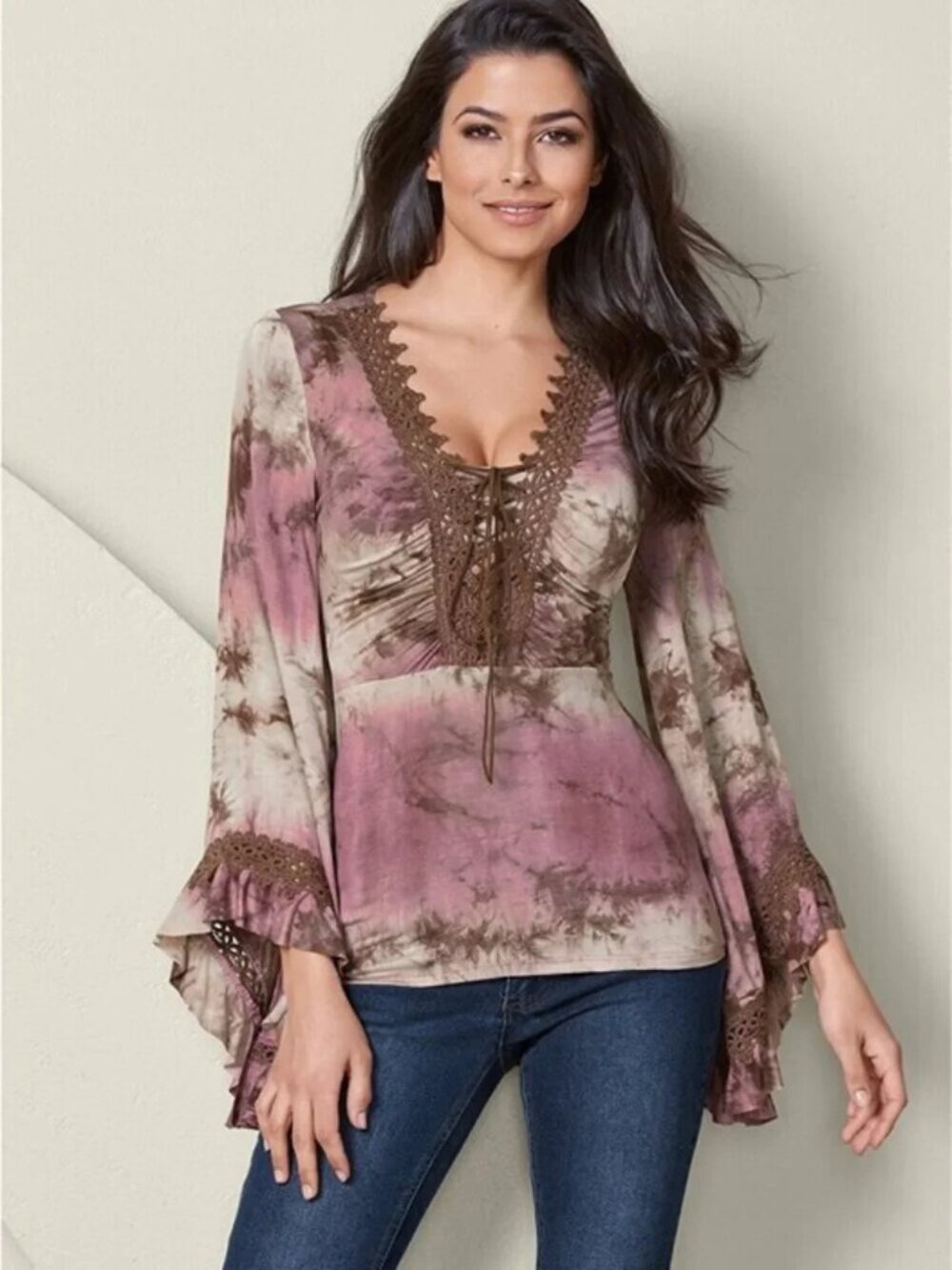 Venus boho crochet lace tie dye bell flare cinched flutter sleeve pink brown top